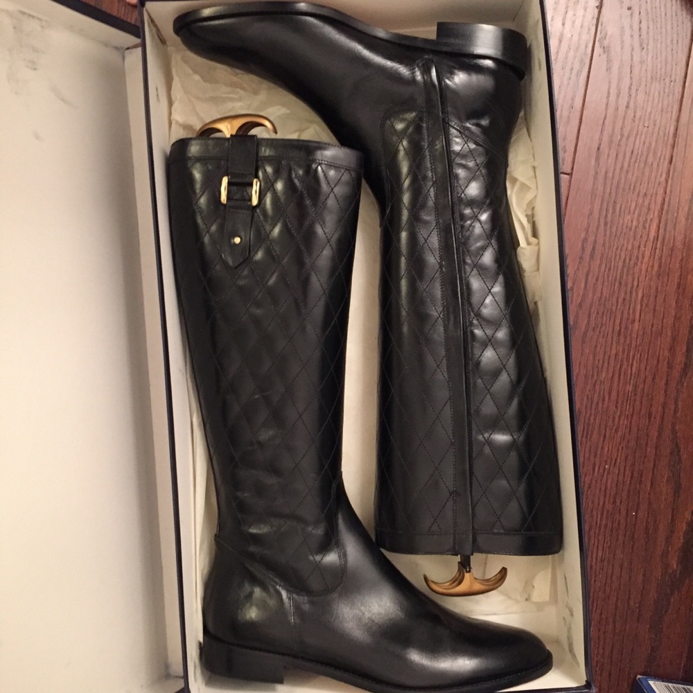 Brooks Brothers Black Quilted Leather Knee-High Heeled Boots with Gold Buckle